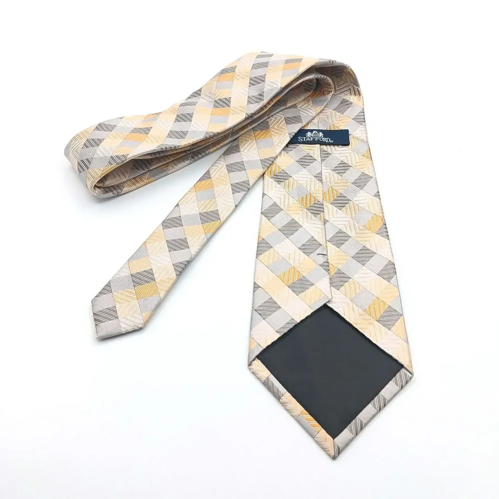 Stafford Silk Tie Mens 60” Yellow Gray Geometric Chevron Designer Wide New